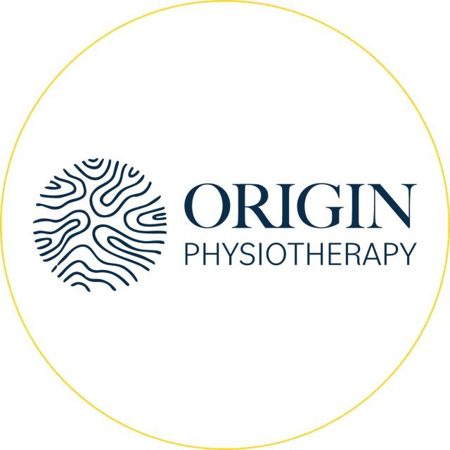 Origin Physiotherapy logo with navy text and a circular line-art emblem inside a thin yellow ring