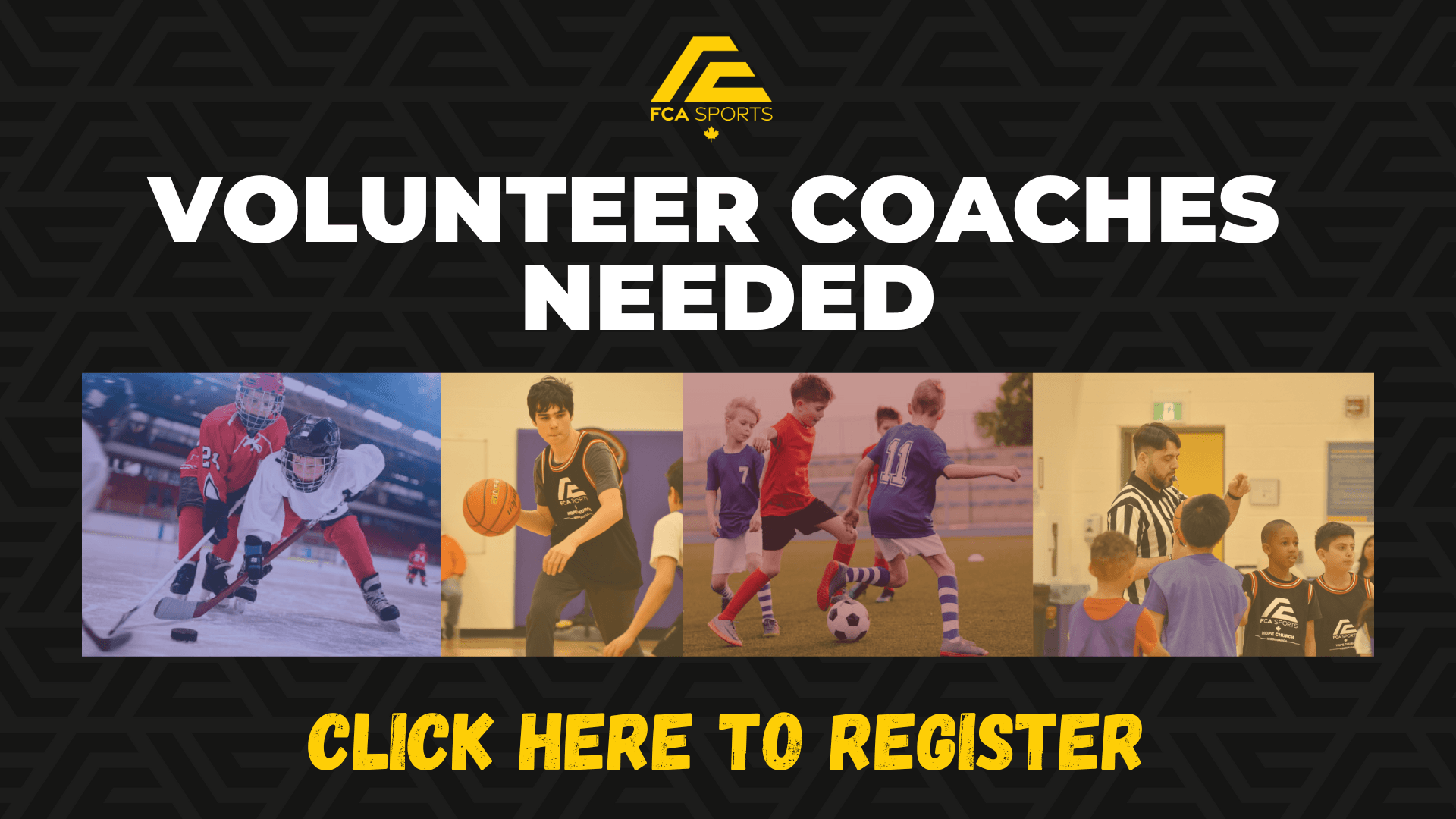 Volunteer coaches needed poster with sports photos and “Click here to register” text
