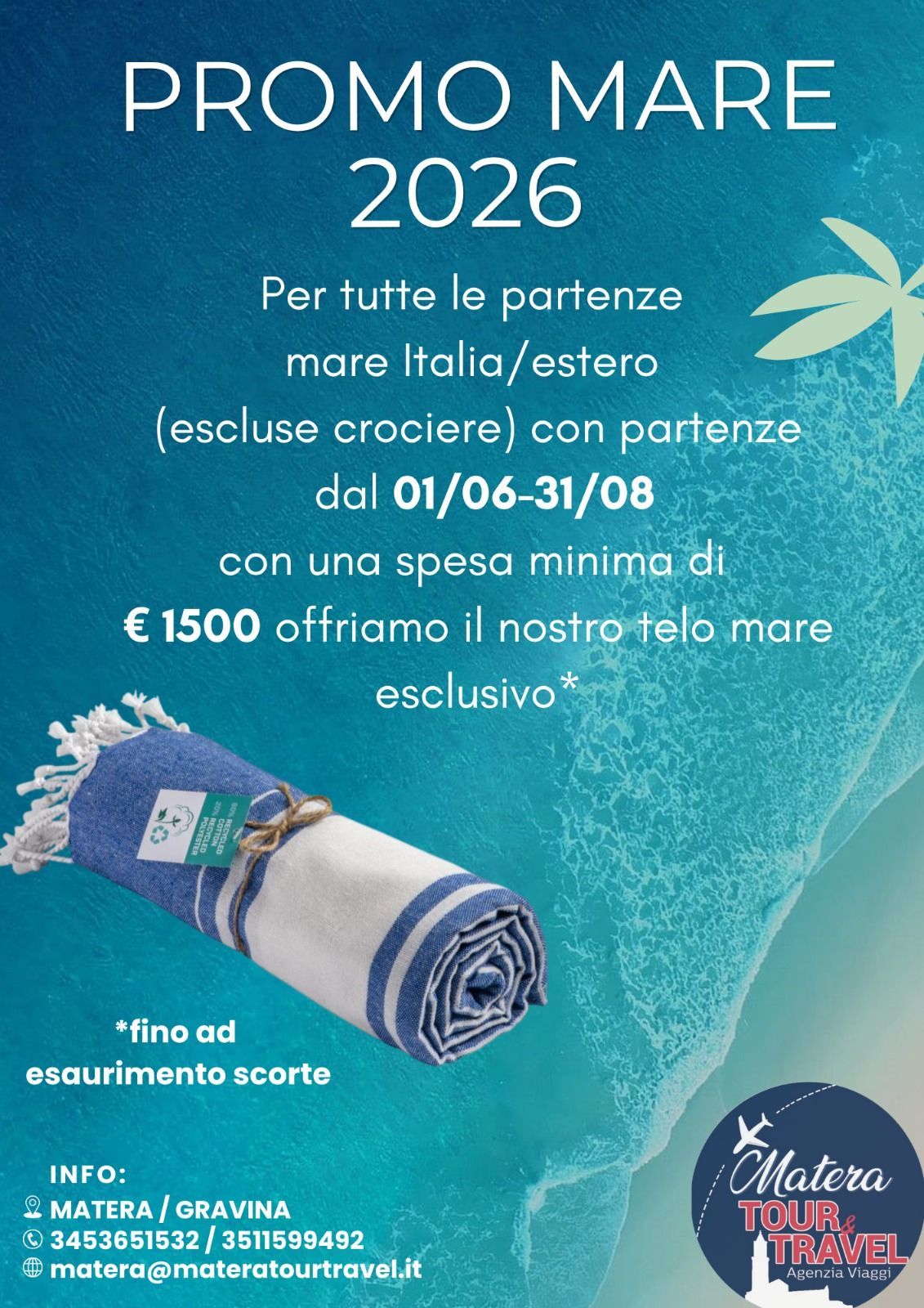 Promo blu 2026 per Mare Italia/Estero con valigetta mare e testo su sconto minimo da €1500.