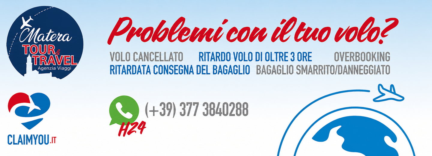 Banner per “Problemicon il tuo volo?” con icone di agenzie di viaggio, numero WhatsApp e itinerari turistici su sfondo di cielo blu.