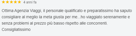 Recensione in italiano che elogia Ottima Agenzia Viaggi per il servizio cordiale e professionale e i prezzi contenuti.
