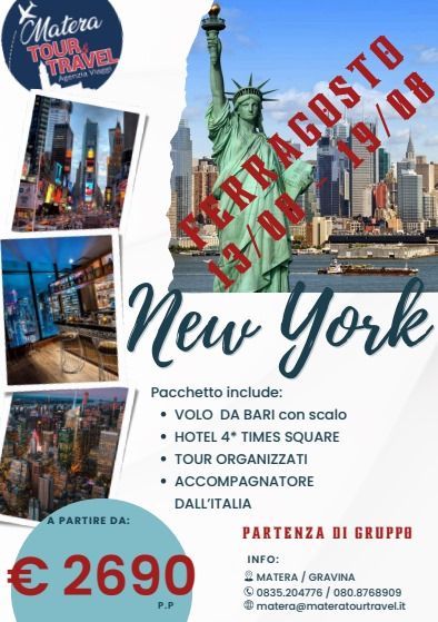 Volantino turistico di New York con la Statua della Libertà, lo skyline della città e il prezzo di €2690 per un viaggio di gruppo a luglio 2025.