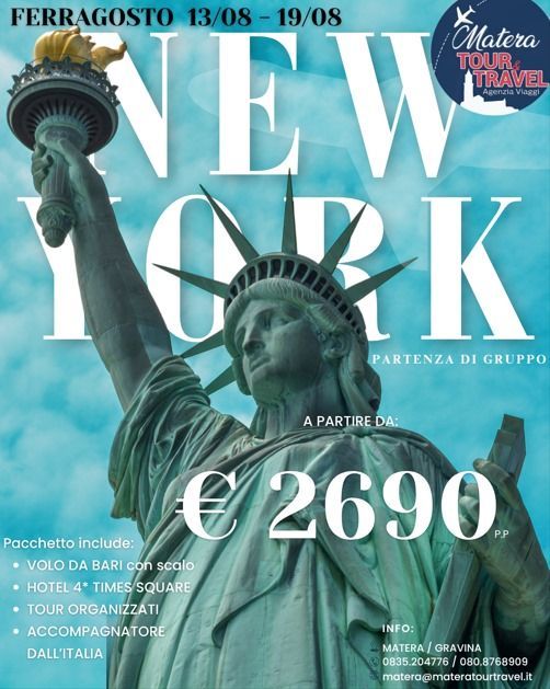 Annuncio pubblicitario di New York con la Statua della Libertà e lo skyline, prezzo €2690, date Ferragosto 13/08–19/08