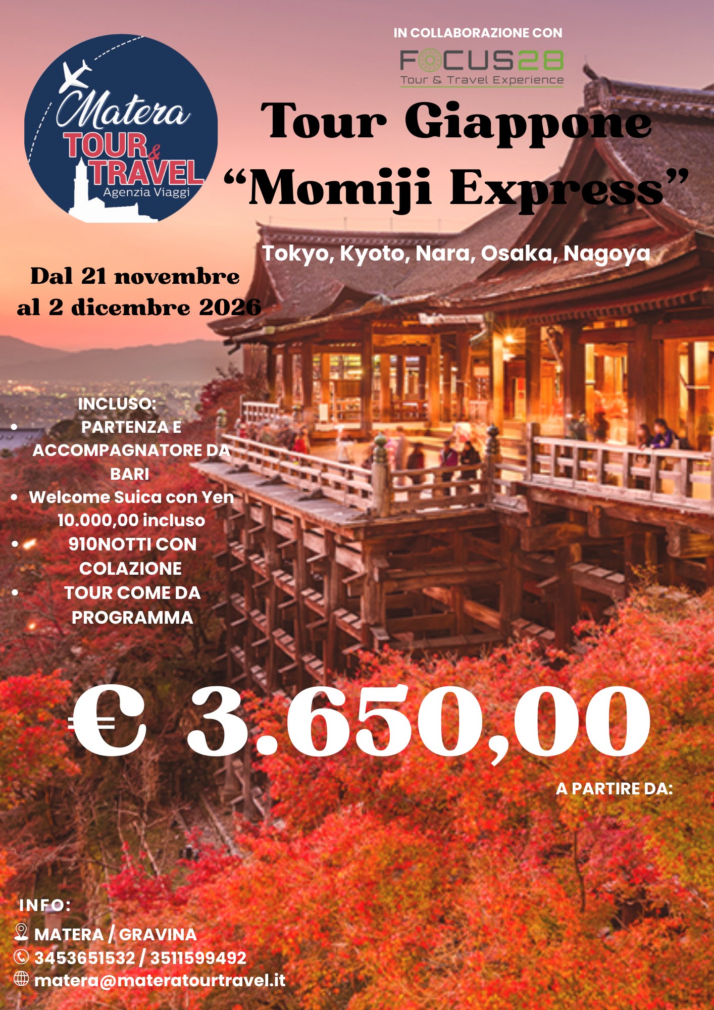 Tour in Giappone “Momiji Express” con paesaggio autunnale e prezzo €3.650,00