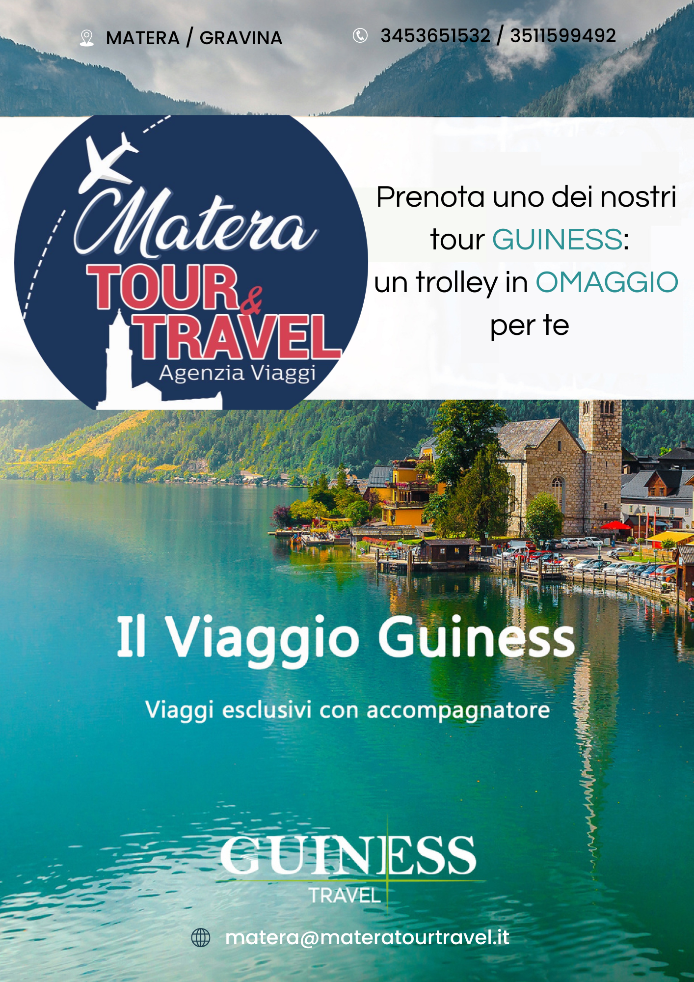 Manifesto promozionale per un tour di Matera e un tour Guinness, con paesaggio del villaggio sul lago e testo in italiano.