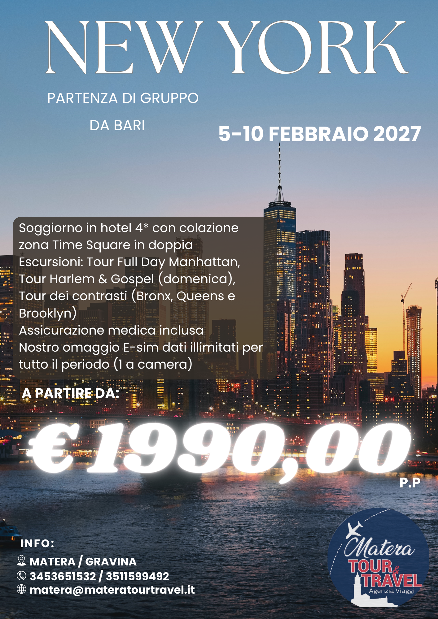 Locandina promozionale di viaggio per New York con lo skyline al tramonto, date, dettagli dell'itinerario e prezzo di €1990.