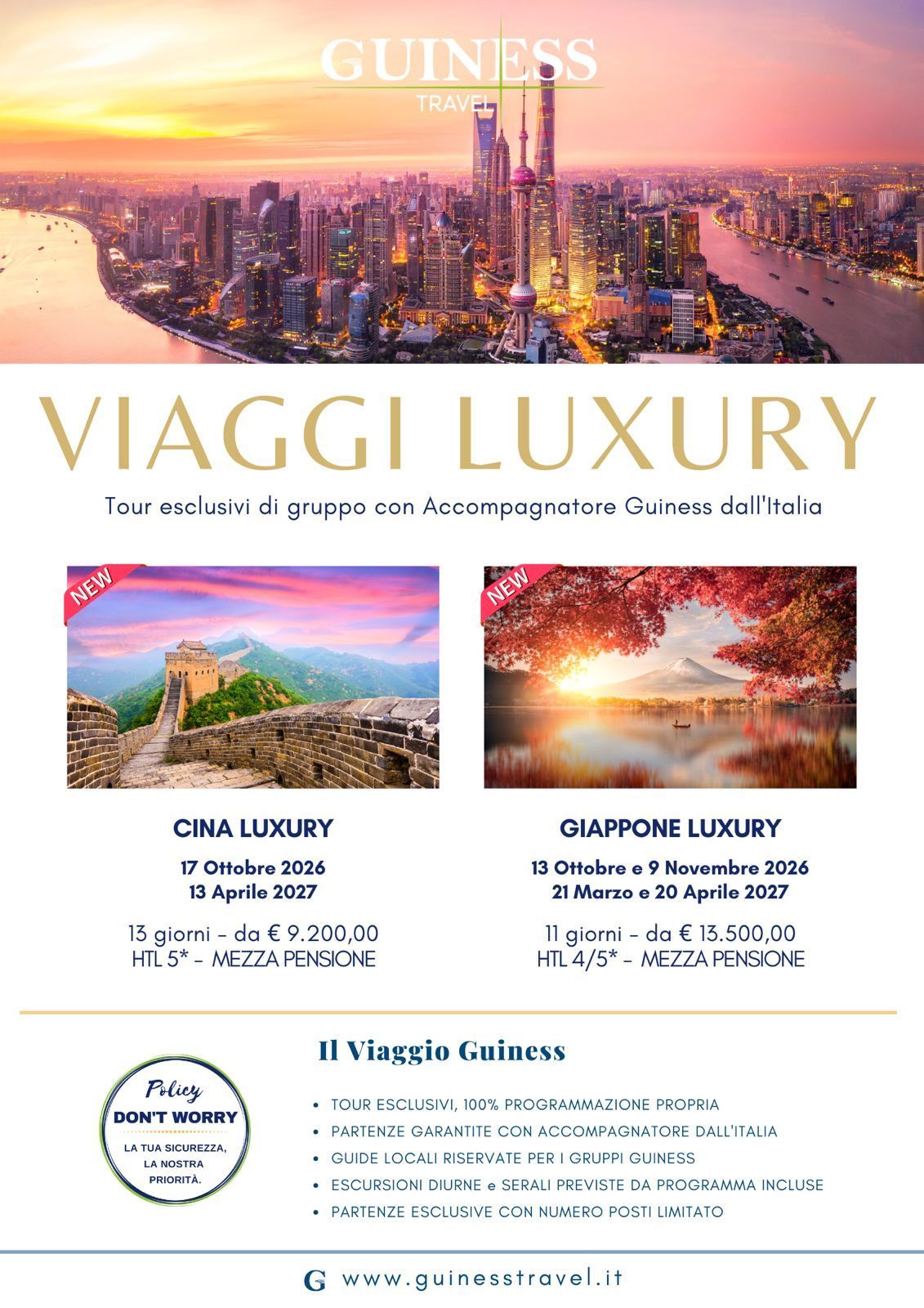 Volantino di lusso per Viaggi Luxury con lo skyline di Dubai e due foto di pacchetti turistici, in oro e bianco.