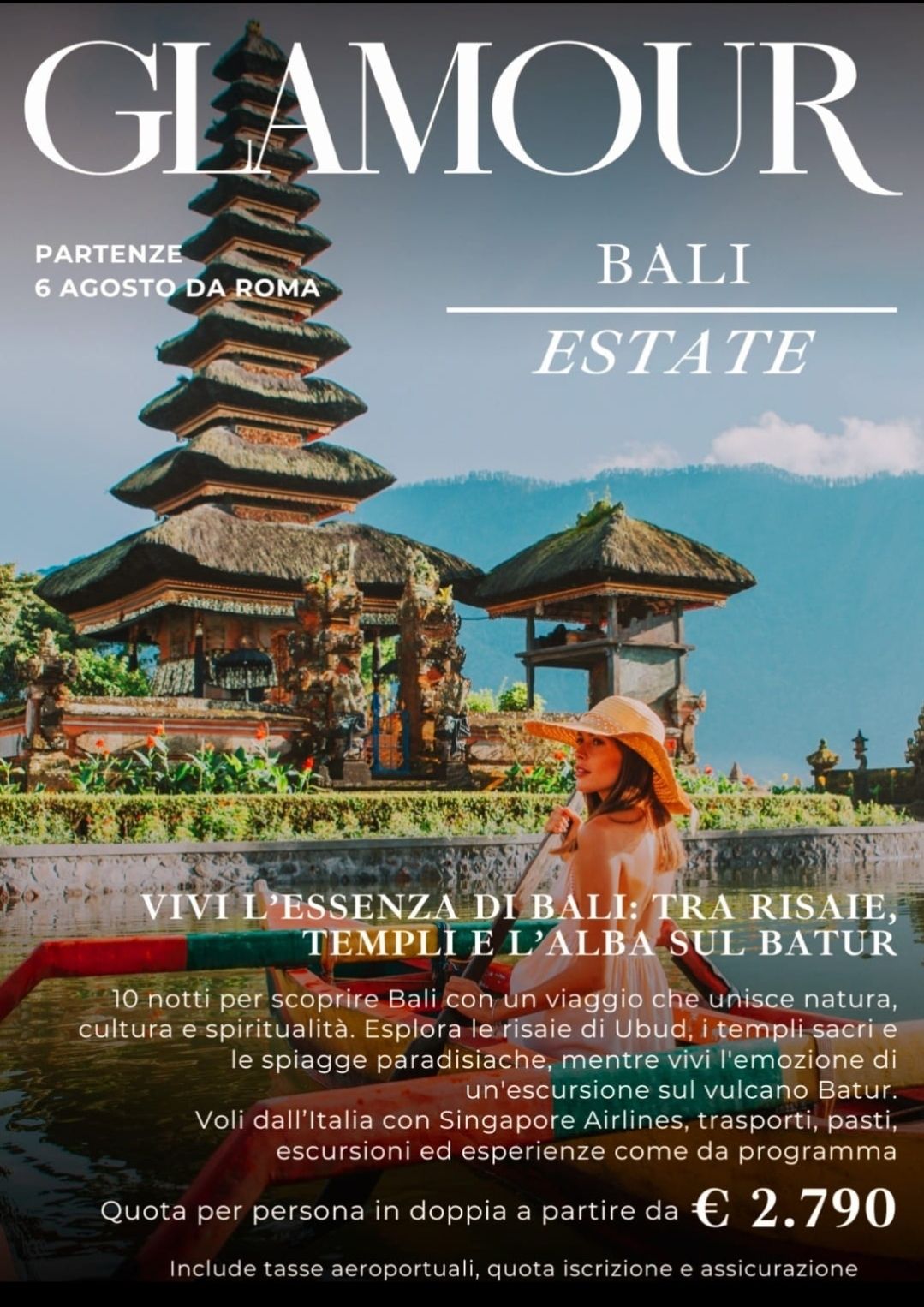 Copertina della rivista Glamour con un resort balinese con tempio, piscina e paesaggio tropicale.