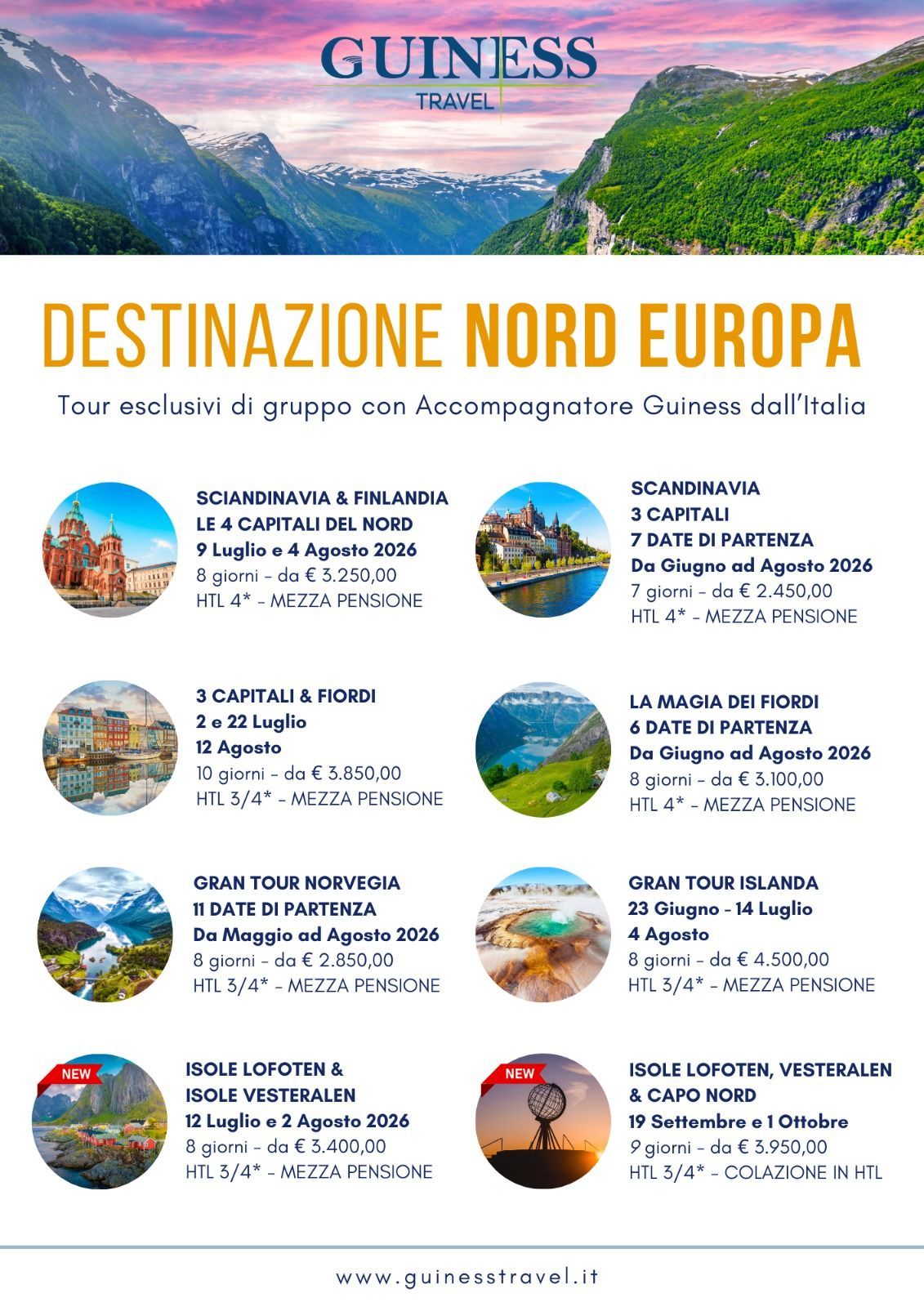Brochure di viaggio per Ginuesses, “Destinazione Nord Europa”, con suggestivi paesaggi nordici e dettagli di viaggio.