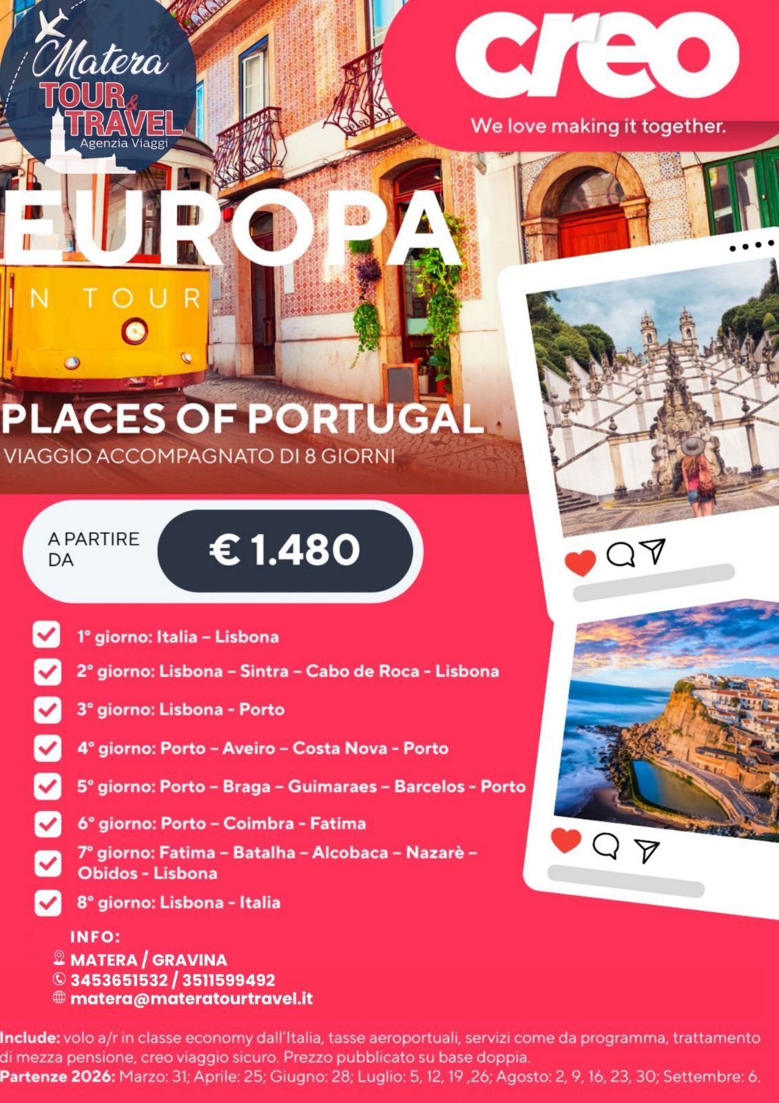 Annuncio pubblicitario colorato per un tour in Europa del Portogallo, con le principali attrazioni turistiche, i prezzi e le foto di viaggio.