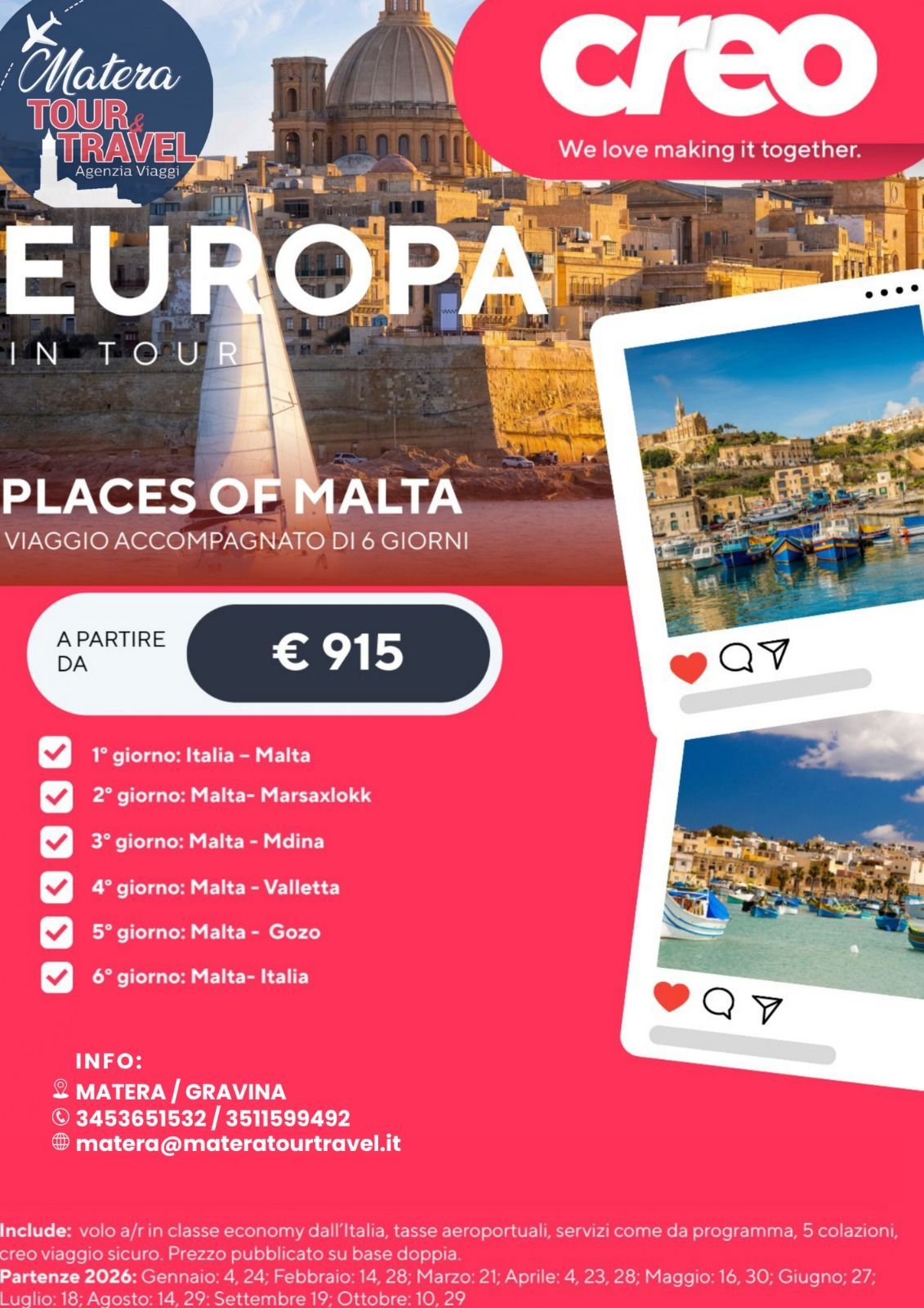 Annuncio pubblicitario per un tour di Malta con mare blu, monumenti della città e il marchio rosso