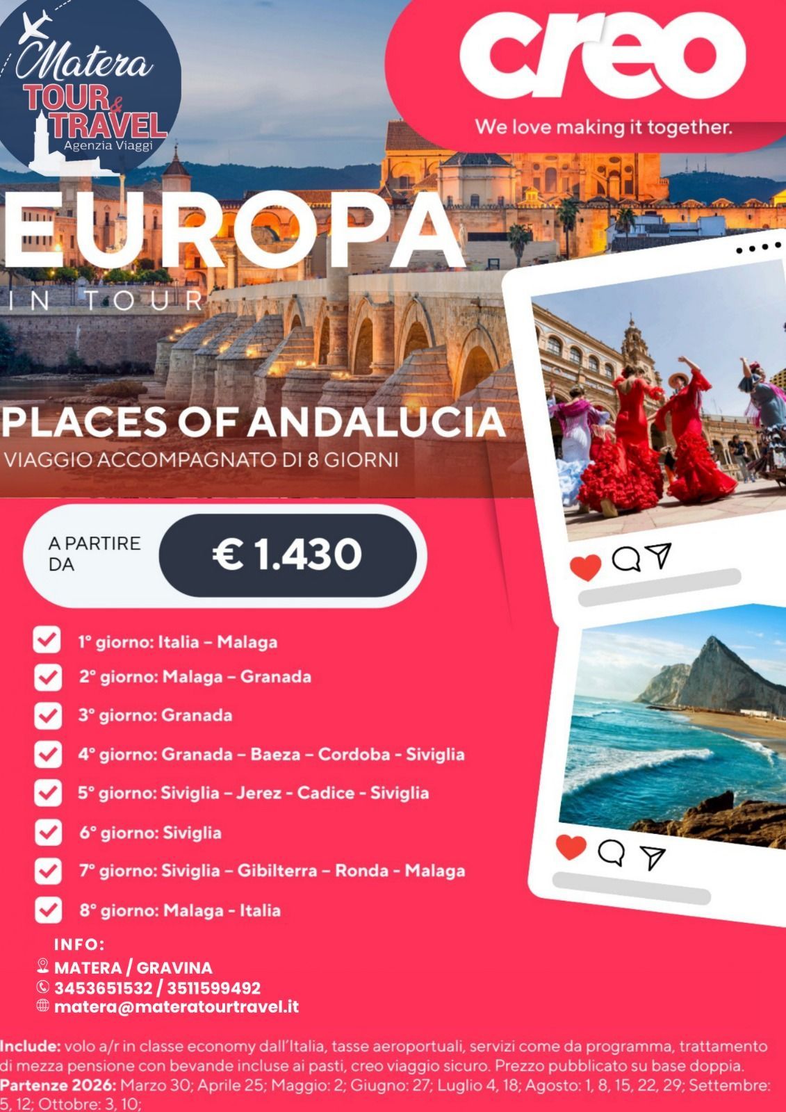 Manifesto turistico Europa per l'Andalusia con foto della città, impaginazione rosa, prezzo € 1.430.