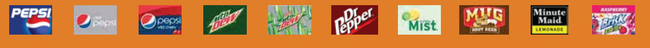 A horizontal row of various soft drink brand logos including Pepsi, Mountain Dew, Dr Pepper, and others on an orange background.