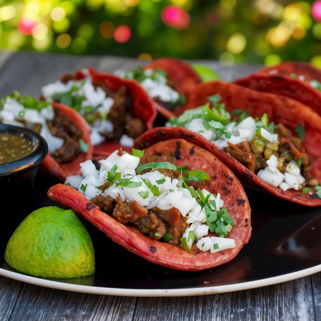 Red-tinted tacos topped with white onions and cilantro on a black plate, with a lime wedge and salsa on a wooden surface.