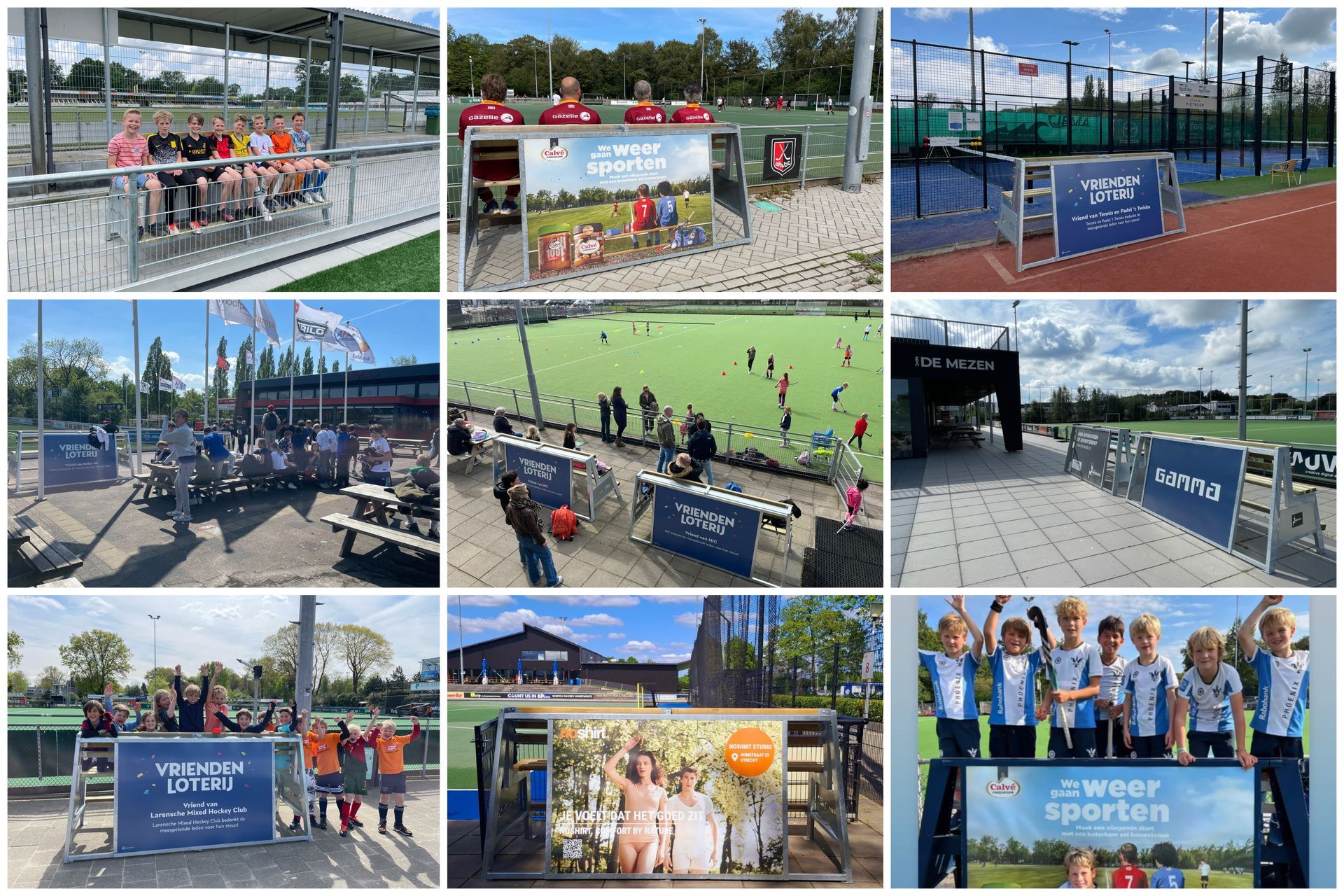 Collage van buitensport locaties met banken  voor sportclubs: hockeyveld, tennisbaan, groep mensen die blij zijn met de bank.