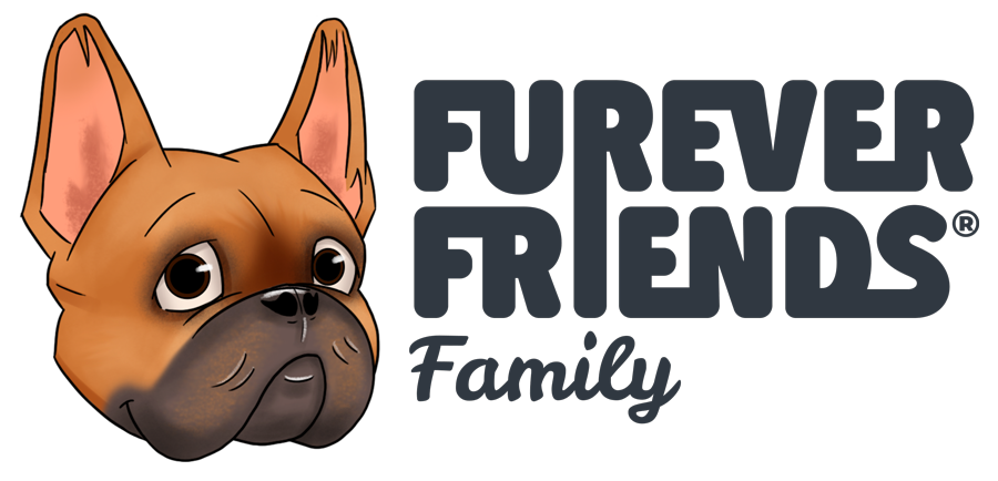French bulldog logo with “Furever Friends Family” text on a white background