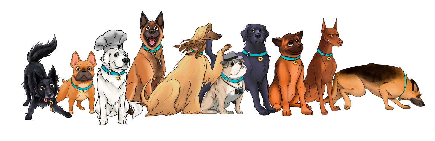 Seven dogs of different breeds and colors lined up on a white background