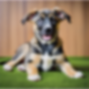 Blurred puppy lying on green grass in front of a wooden fence, tongue out.