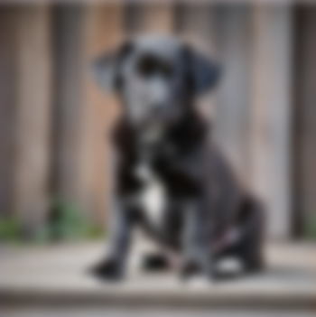 Blurry black-and-white dog sitting on a sidewalk in front of a wooden fence
