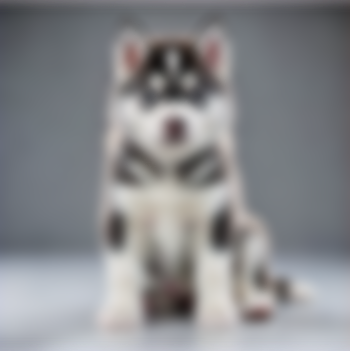 Black-and-white husky puppy sitting on a gray studio background