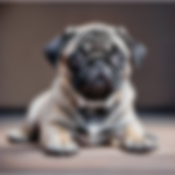 Blurred tan pug puppy lying on a floor, facing forward with paws spread out.