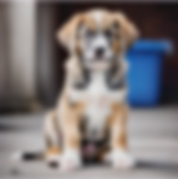 Blurred tricolor puppy sitting on a floor with a blue bin in the background