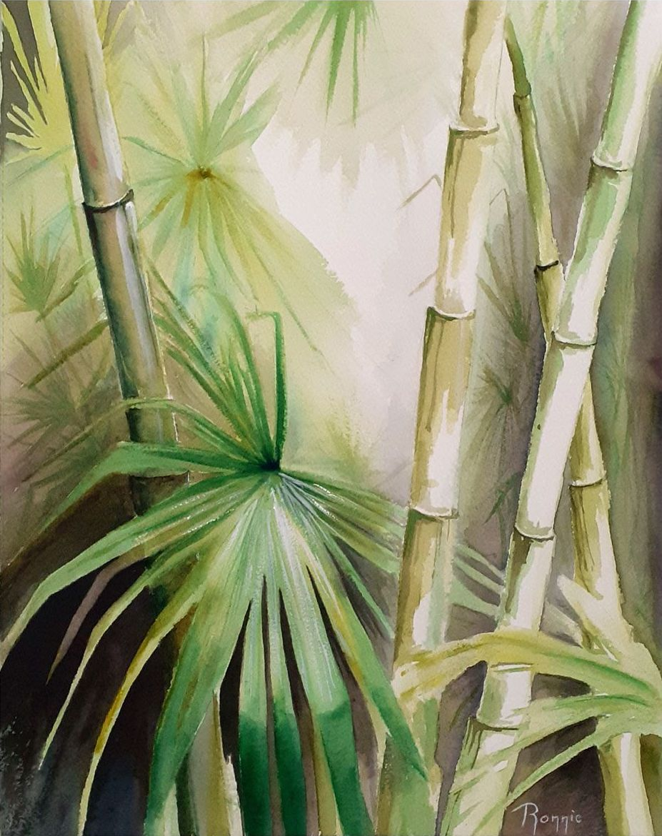 “Groen Geruisloos”, aquarel van bamboe en waaierbladeren in groentinten met zachte licht- en schaduwwerking