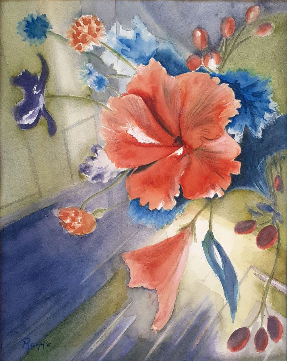 Bekende vormen in een ander licht, aquarel met rode bloem en speelse compositie waarin herkenning en vervreemding samenkomen