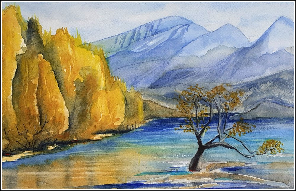 Aquarel: bergmeer