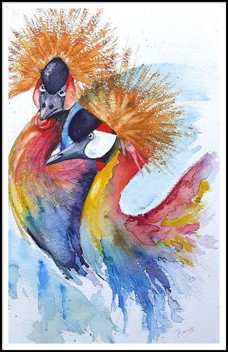 Aquarel: bonte kraanvogels