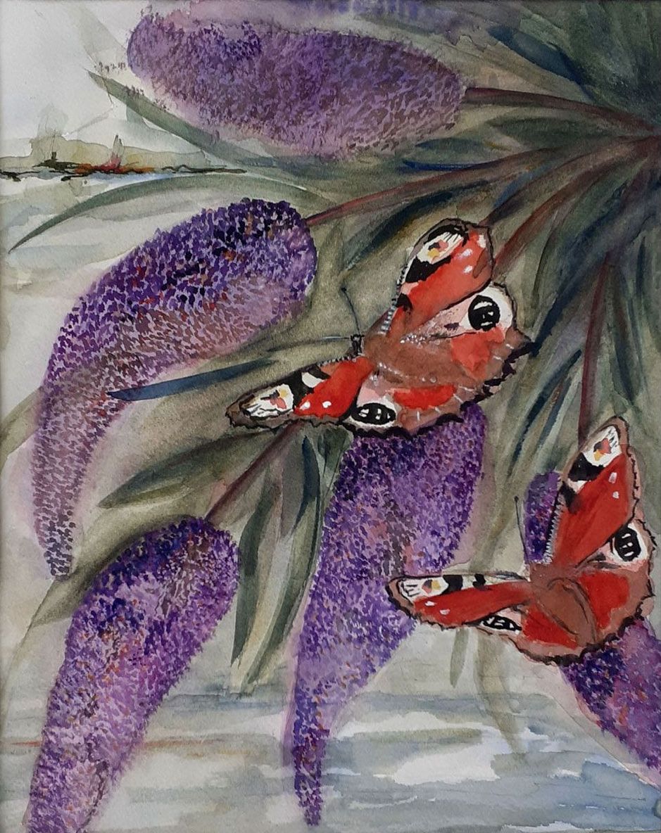 Aquarel van de vlinderstruik met vlinders