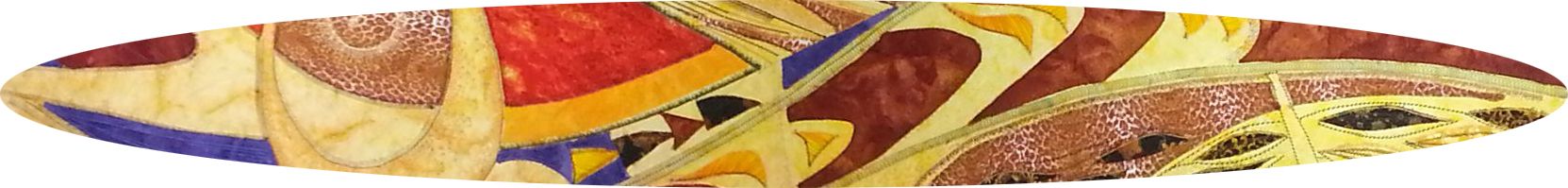 Detail met warme kleurvlakken, ritmische lijnen en abstracte patronen in geel, oranje en paars