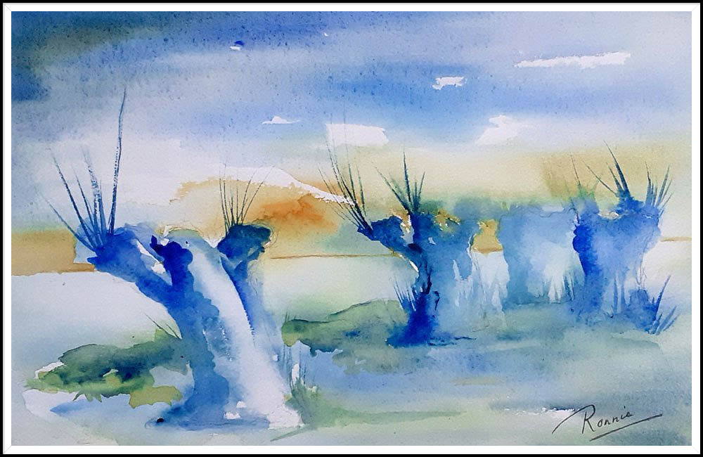 Aquarel: blauwe wilgen