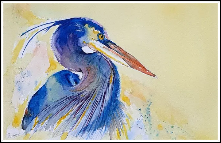Aquarel: bonte blauwe reiger