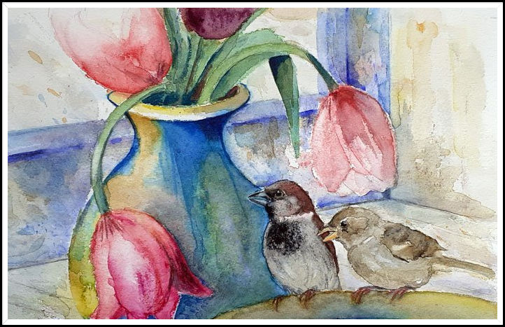 Aquarel: tulpen en mussen