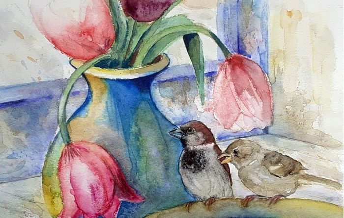 “Onder de Tulpen”, aquarel van twee vogels onder hangende tulpen in een blauwe vaas in een lichte setting