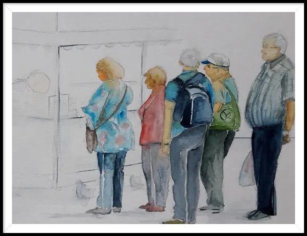 Aquarel: mensen die wachten