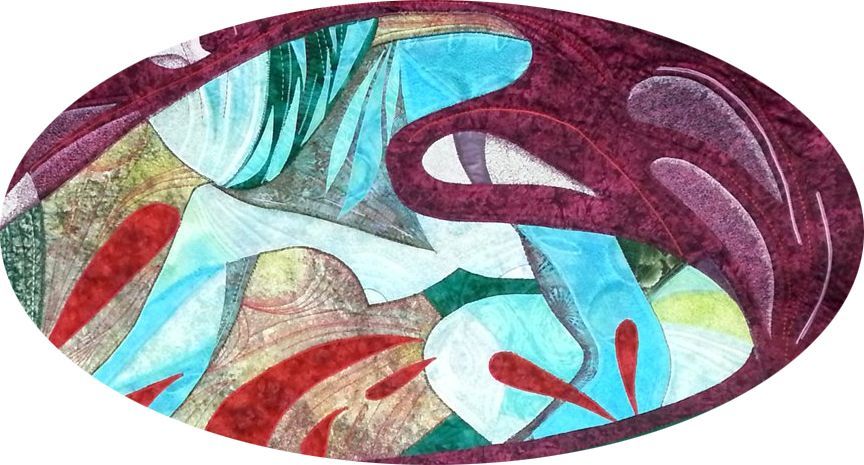 Detail met ritmische vormen in groen, aubergine en turquoise, opgebouwd uit fijne gelaagde structuren