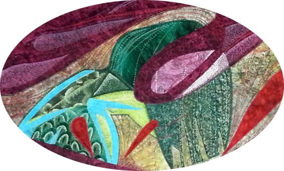 Detail van abstract werk met transparante lagen, organische lijnen en bordeauxrode accenten