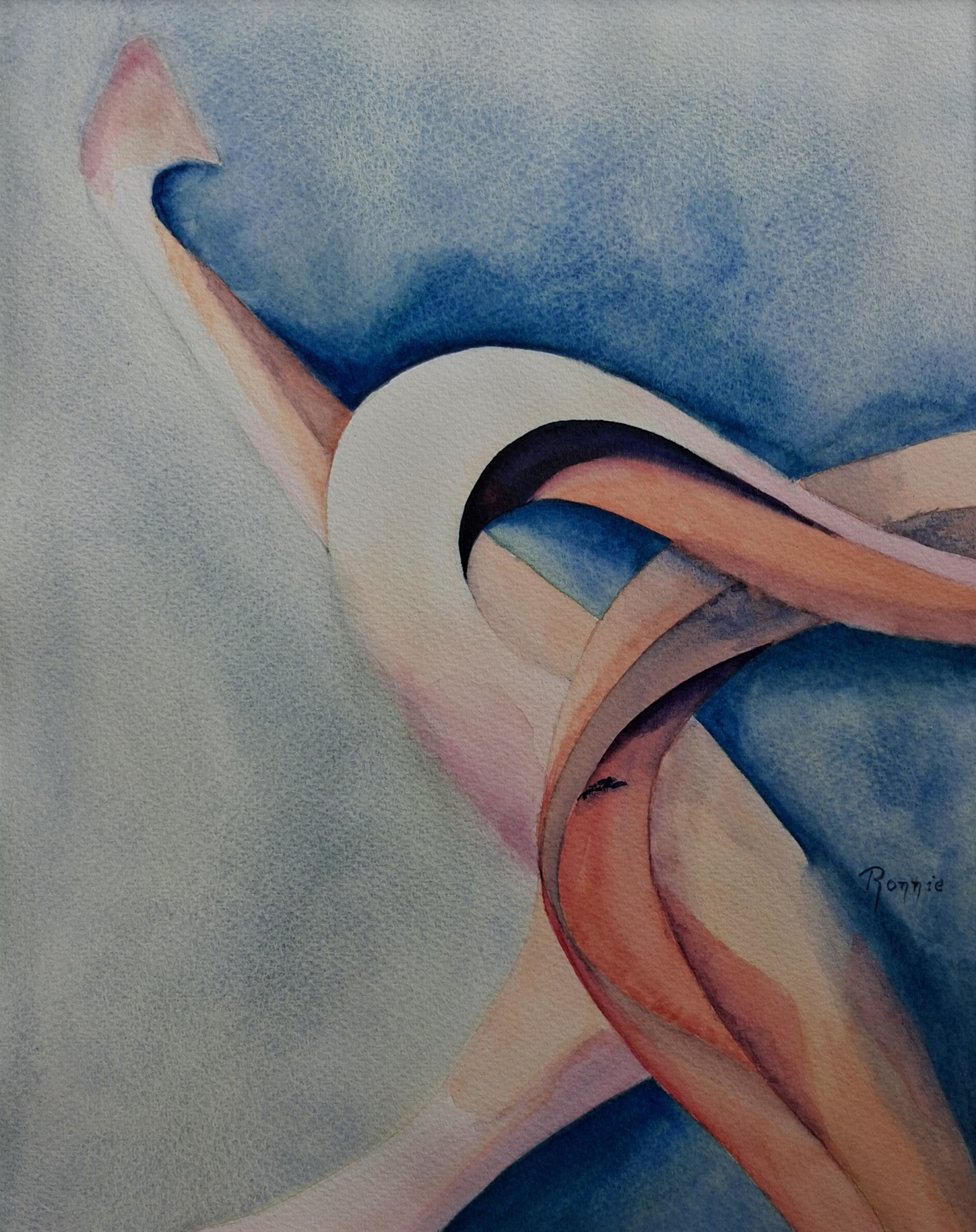 Aquarel met zachte abstracte bloemvorm in blauw en roze tinten