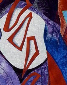 Detail van textiel werk met gestileerde contouren in rood en paars, opgebouwd uit gelaagde  vormen