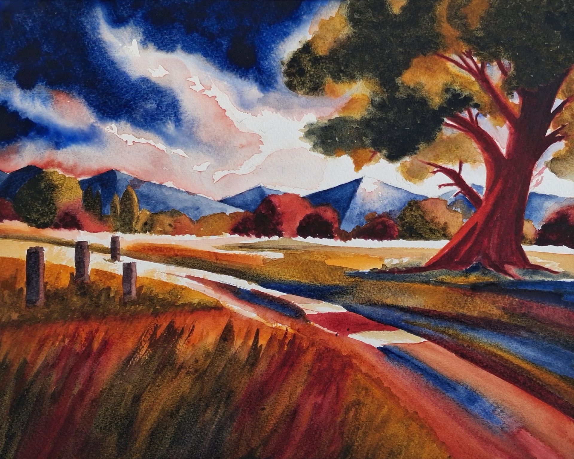 Semi-abstract landschap in aquarel met diepblauw, rood en oker rond een helder kronkelend pad.