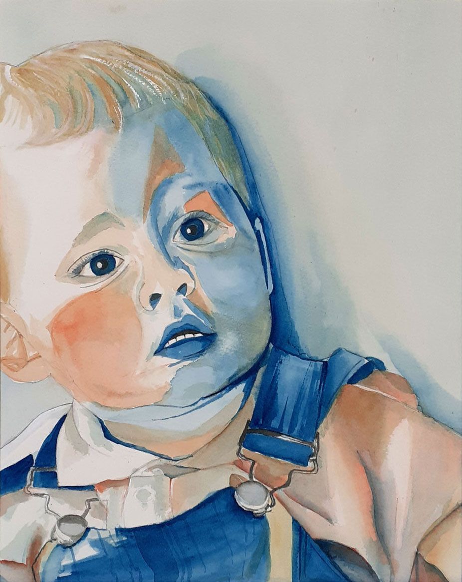 “Begin”, aquarel van een baby met grote ogen en kleurvlakken in blauw en warm oranje
