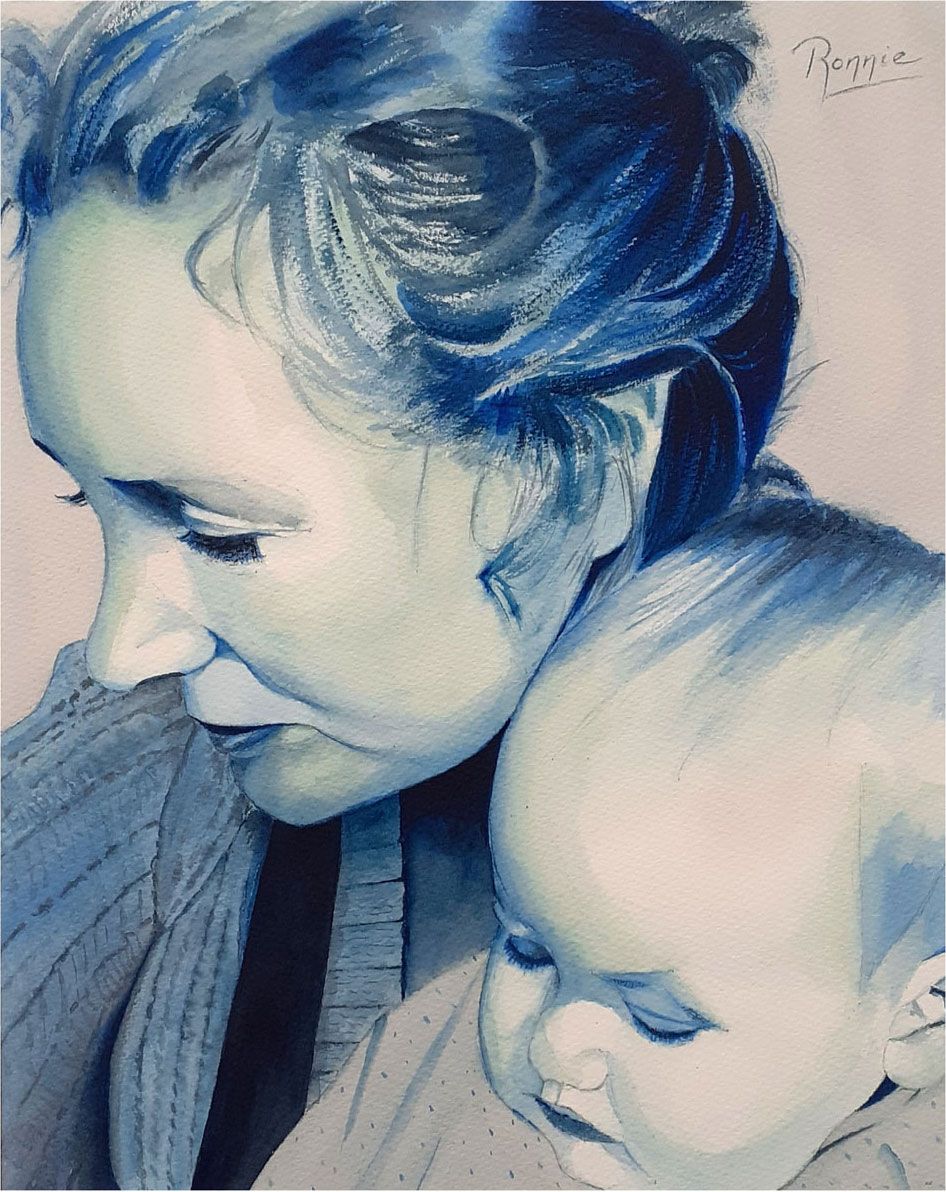 Aquarel: Moeder en kind