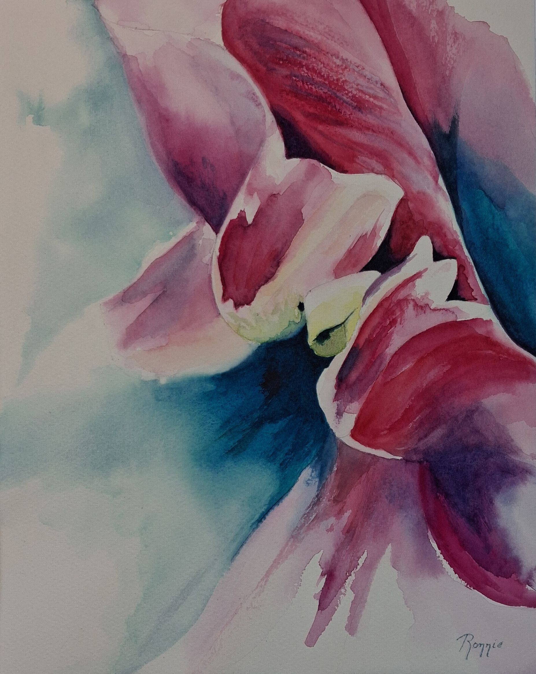 Expressieve aquarel in magenta en teal met sculpturale bloemvormen en vloeiende overgangen.