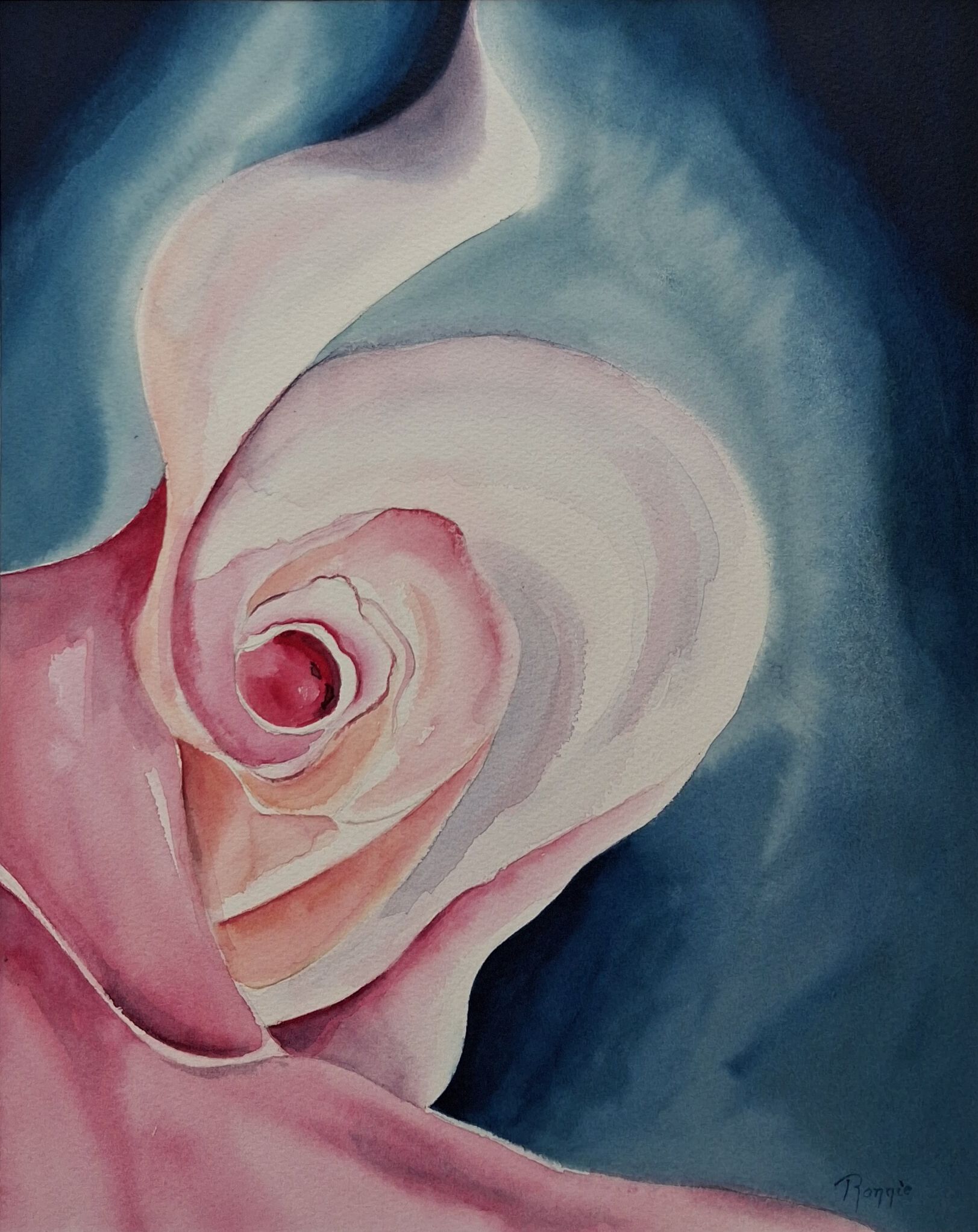 Sculptural Silence IX – Secret Poëtische abstracte aquarel met omhullende vormen en subtiele roze en zalmkleurige accenten.