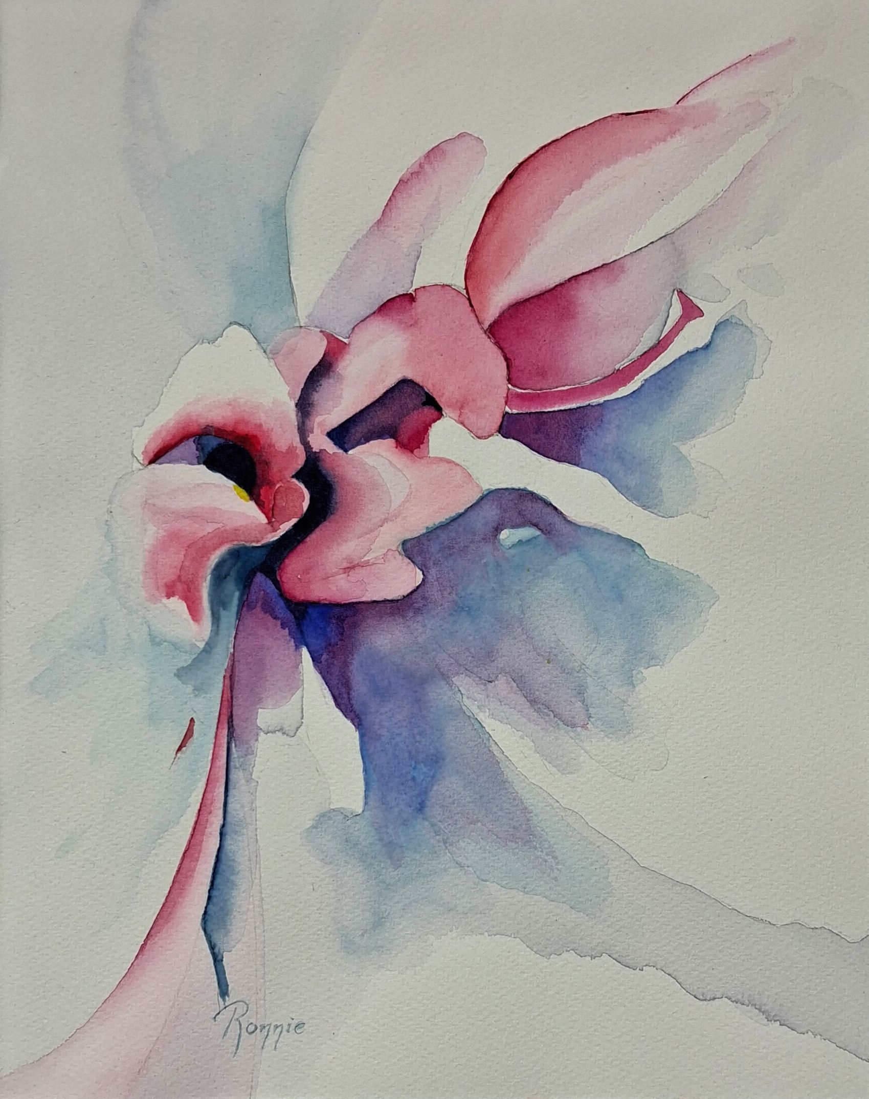 Hedendaagse aquarel met zachte bloemabstractie, scherpe inktlijnen en lichte gele accenten.