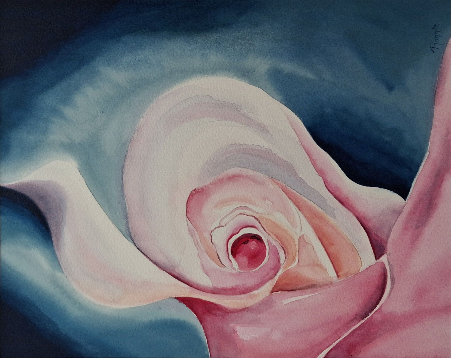 Sculptural Silence IX – Secret liggende oriëntatie van een abstracte aquarel met roze en zalmkleurige accenten.