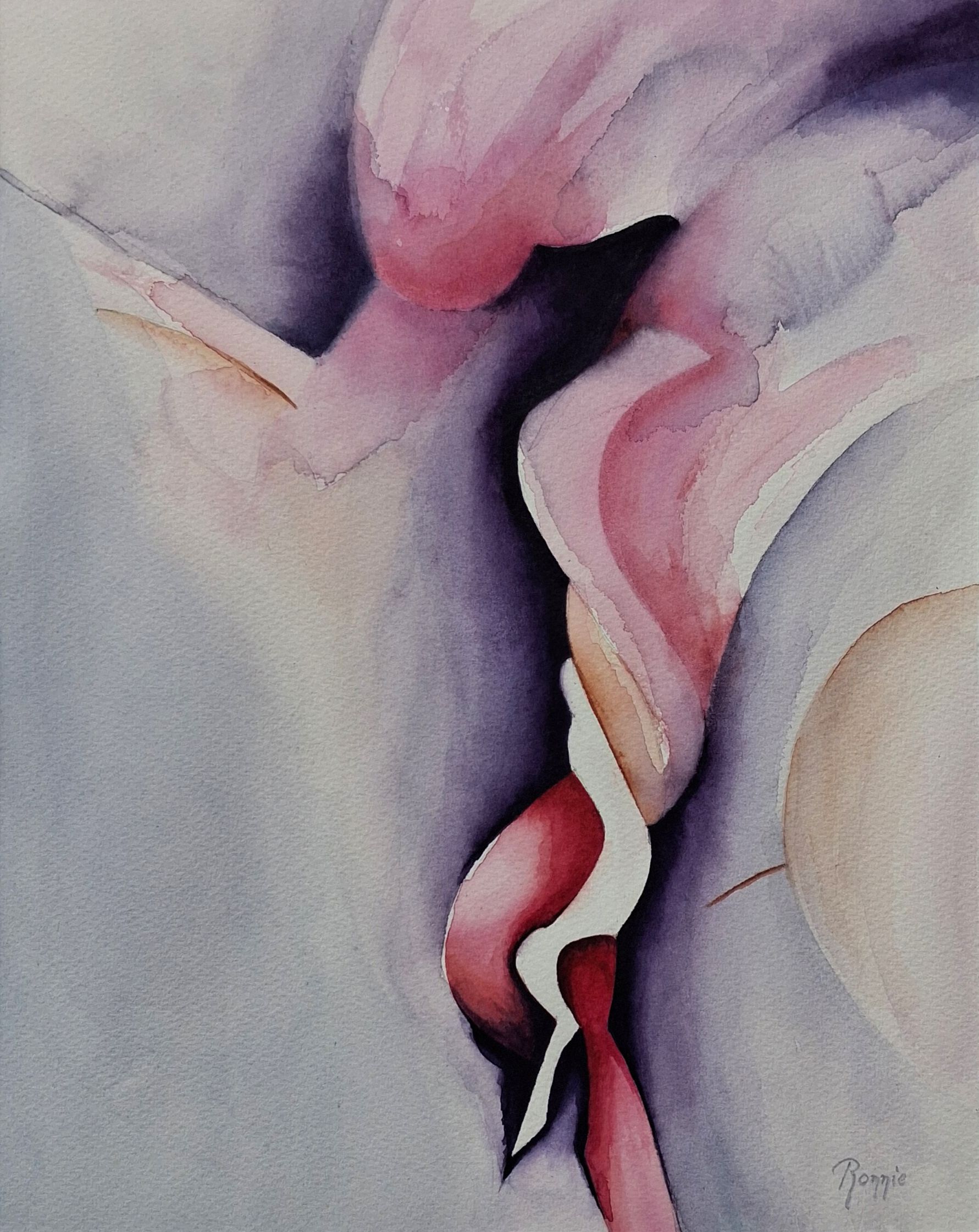 Een nadere blik → Abstracte aquarel met sculpturale bloemvormen en een wit focuspunt onderaan.