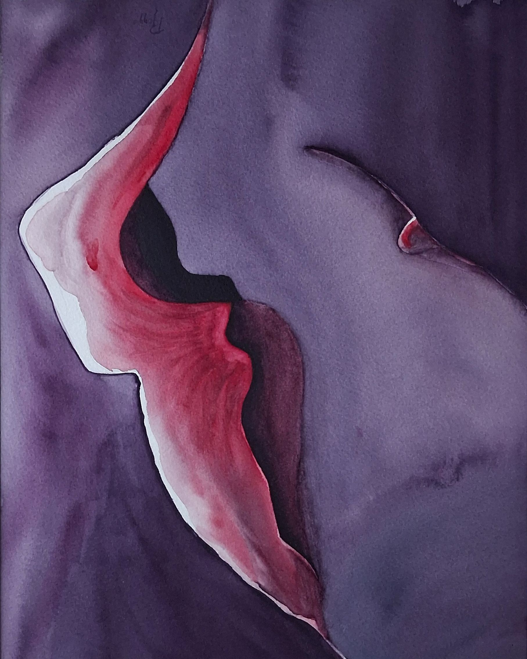 Sculptural Silence – Echo, een staande oriëntatie  omgekeerd van een aquarel met rode bloemvorm en donkere achtergrond.